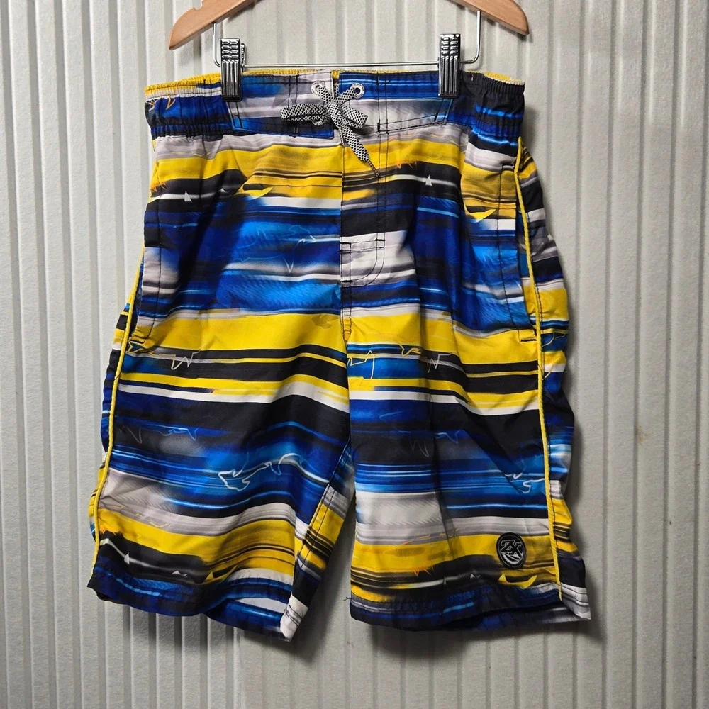 ZeroXposur Boys Swim Trunks Blue Yellow‎ Shark Stripe Board Shorts Size M 10/12